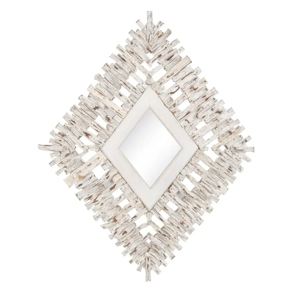 Boho - Oglinda Romb Lemn Tec, Alb Uzat - creativdeco.ro