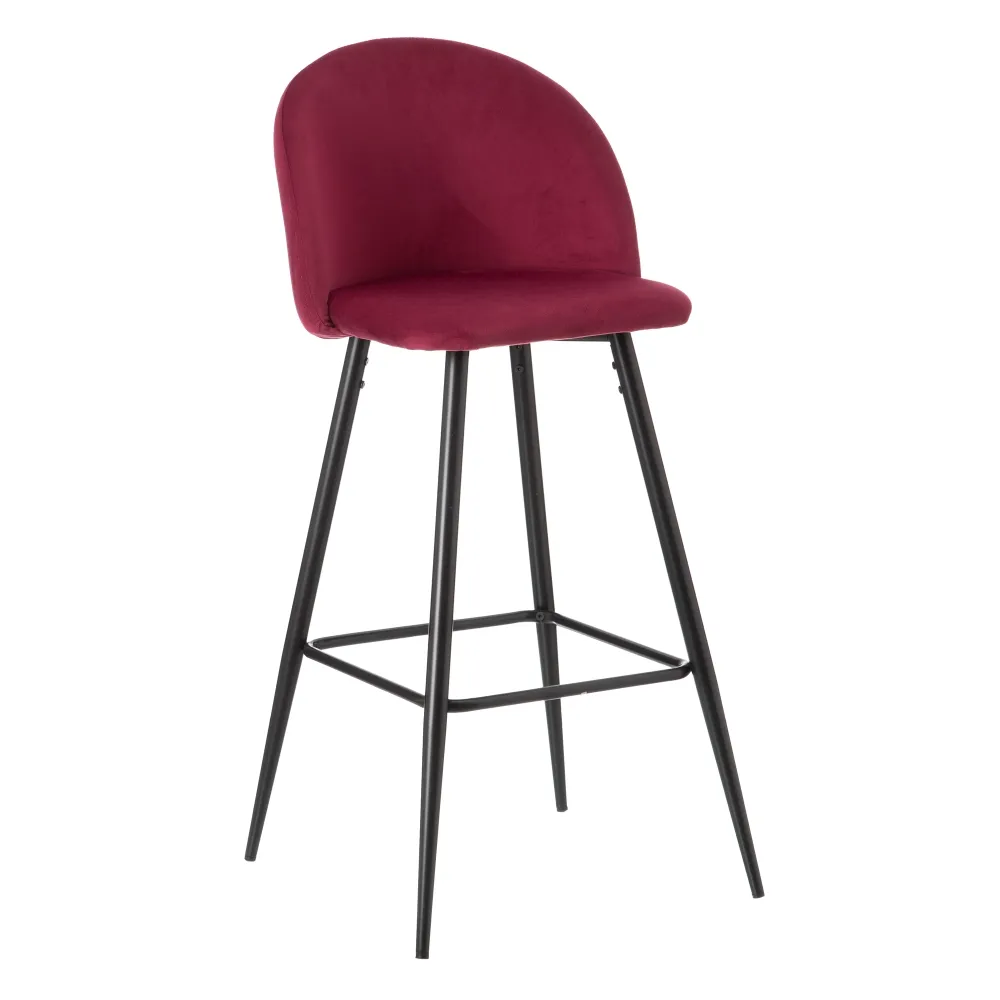 Mobilier - Set de 2 scaune bar Horeca catifea bordeaux cu spătar curbat și cadru metalic negru, stil retro-modern