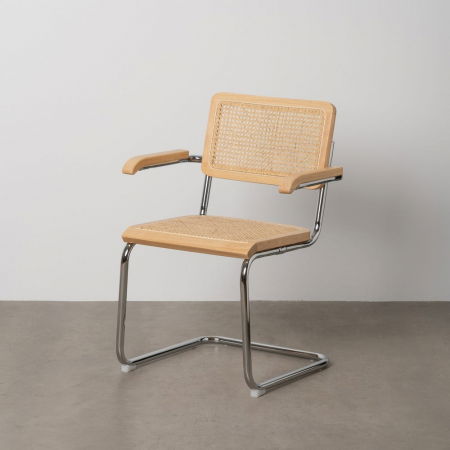 Scaune in Stil Boho - Scaun dining metal cromat cu ratan natural și brațe lemn – stil mid-century modern