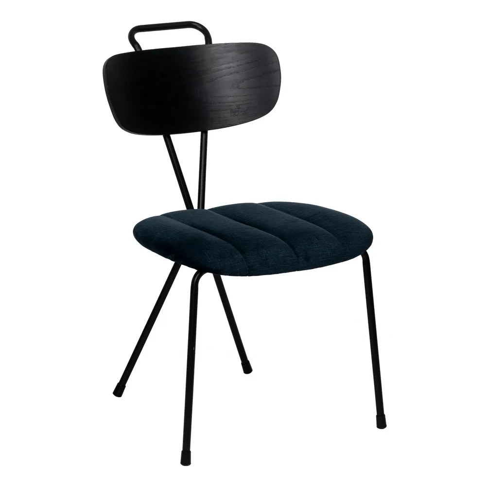 Stil de design - Set de 4 scaune dining catifea albastră, spătar lemn negru și picioare metalice zvelte, stil retro-modern