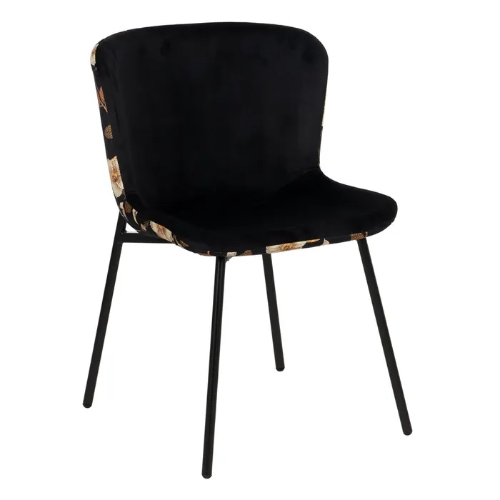 Mobilier - Set de 4 scaune dining negru floral cu brațe din stofă, velur negru față, spate floral, cadru metalic negru, 59×51×82 cm
