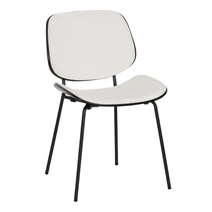 Scaune in Stil Japandi - Set de 2 scaune dining birou alb din stofă, MDF curbat și picioare metalice negre, 49×50×80 cm, stil scandinav modern