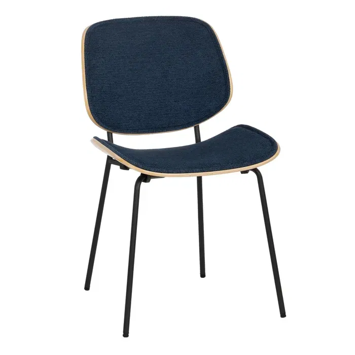 Mobilier - Set de 2 scaune dining albastru închis tapițate din stofă, MDF curbat și picioare metalice, 49×50×80 cm, stil scandi-modern