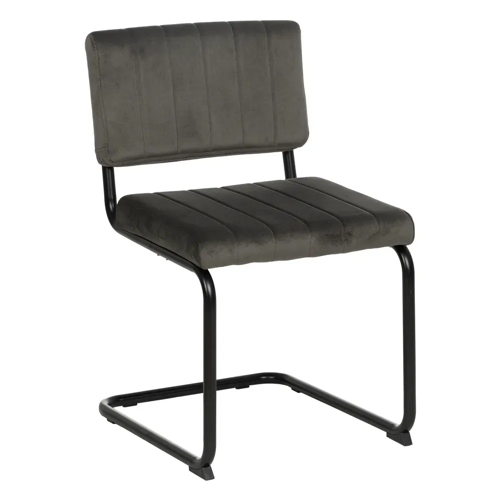 Mobilier - Set de 2 scaune dining gri tapițate din stofă, spătar curbat, bază metalică tip sanie, stil minimalist modern
