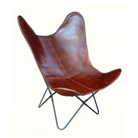 Scaune in Stil Boho - Scaun lounge Mariposa din piele cognac cu structură metalică – stil boho