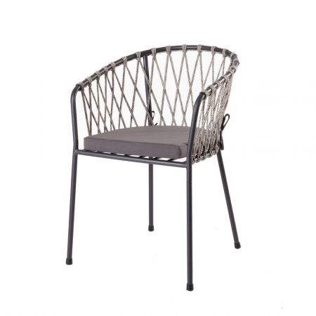 Scaune in Stil Boho - Scaun Myra Grafit cu structură metalică rezistentă, frânghie împletită și pernă textilă gri, ideal pentru terase horeca și decoruri urbane