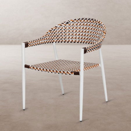 Boho - Scaun Nadia Biscuit cu ratan sintetic bej și cadru alb stivuibil