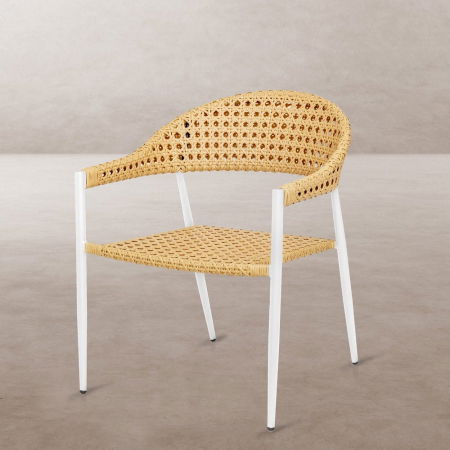 Boho - Scaun Niva White alb cu ratan natur și structură stivuibilă exterior-horeca