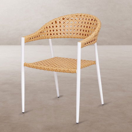 Boho - Scaun Niva White alb cu împletitură ratan natur, stil japandi și cadru stivuibil