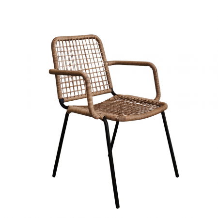 Scaune Exterior - Scaun din rattan PE natural închis, cadru metalic negru, stil contemporan pentru terasă sau dining