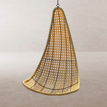 Boho - Fotografie frontală – scaun suspendat NIVA formă drop, ratan bej fără suport