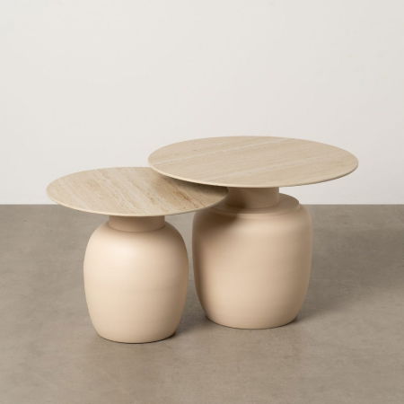 Minimalist - Set masute ceramica bej travertin si metal, rotunde, sculpturale