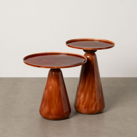 Scandinav - Set masute conice metal emailat si mango, maro lucios cu reflexii calde