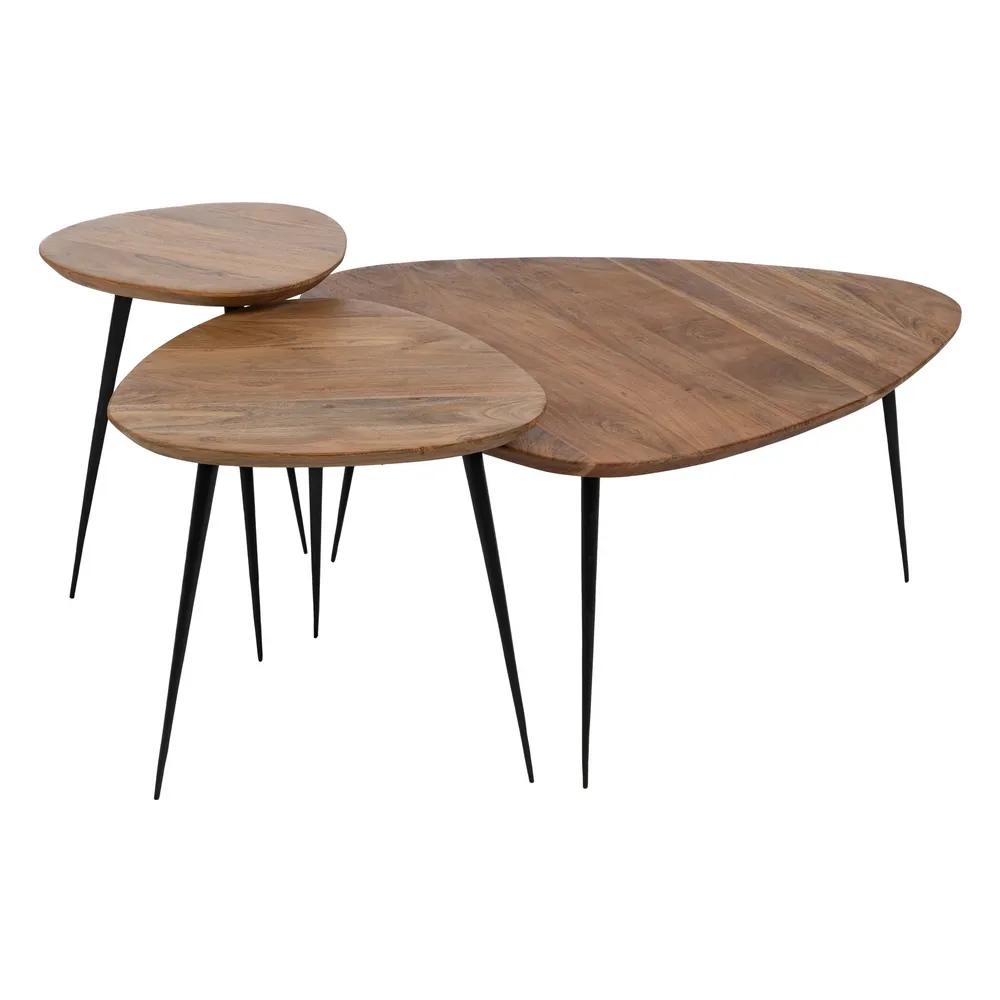 Mobilier - Set 3 Masute Lemn Acacia Natural, Picioare Negre Metal