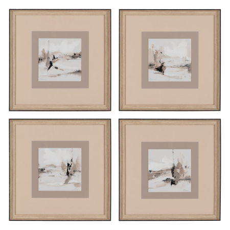 Tablouri - Set 4 tablouri japandi bej-crem pictate manual, sticlă și lemn ayous 40x40 cm