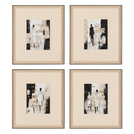 Tablouri - Set 4 tablouri verticale japandi bej-crem pictate manual, 44x50cm, lemn ayous și sticlă