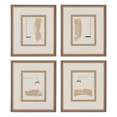 Tablouri - Set 4 tablouri japandi abstracte pictate manual, 44x50cm, crem-bej-negru, lemn ayous și sticlă