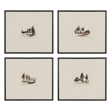 Tablouri - Set 4 tablouri japandi peisaj stilizat pictate manual, 50x44cm, sepia-negru, sticlă și lemn ayous