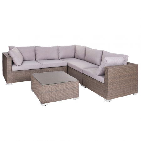 Set colțar MARLENE modular – ratan taupe, masă pătrată sticlă, perne groase