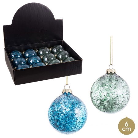 Craciun - Set 12 globuri sticlă efect crăpat verde și albastru 6 cm Ixia
