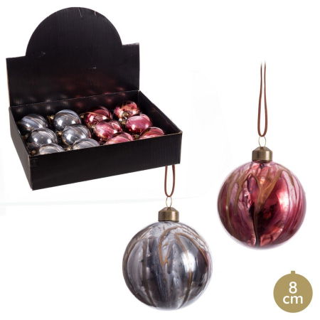 Craciun - Set 12 globuri sticlă marmorat roșu și gri 8 cm Ixia