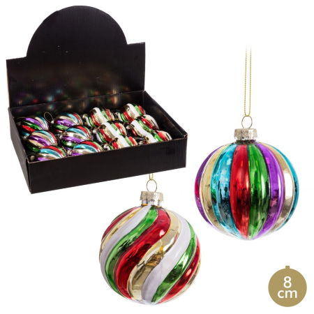 Craciun - Set 12 globuri sticlă multicolore dungi spiralate 8 cm Ixia