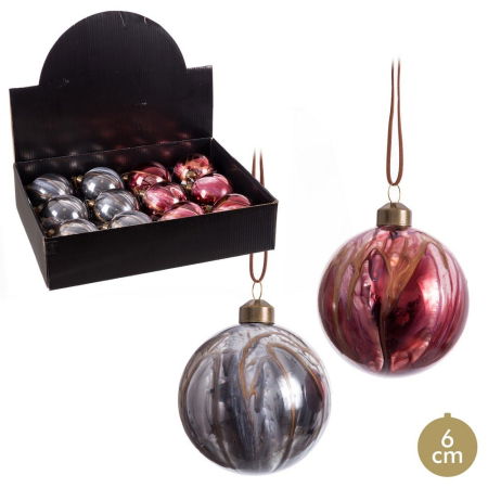 Craciun - Set 12 globuri sticlă efect marmorat roșu și gri Ixia