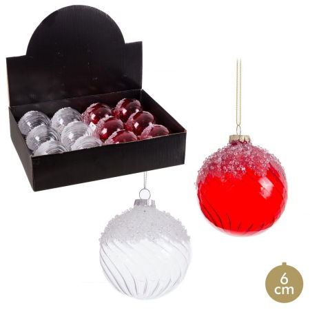 Craciun - Set 12 globuri sticlă roșii și argintii efect de zăpadă 6 cm Ixia