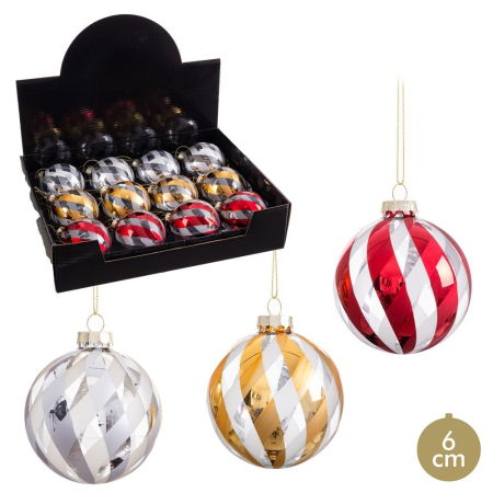 Craciun - Set 12 globuri sticlă roșu auriu argintiu dungi albe Ixia