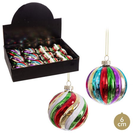 Craciun - Set 12 globuri sticlă multicolore dungi spiralate 6 cm Ixia