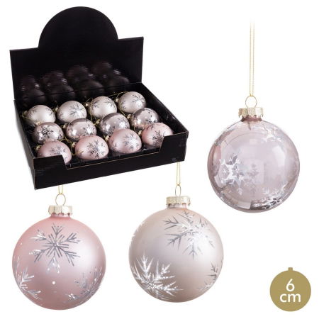Craciun - Set 12 globuri sticlă roz pudrat cu fulgi argintii Ixia