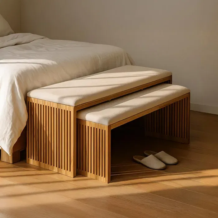 Banchete, Bancute - Băncuțe lungi tec reciclat crem japandi CreativDeco