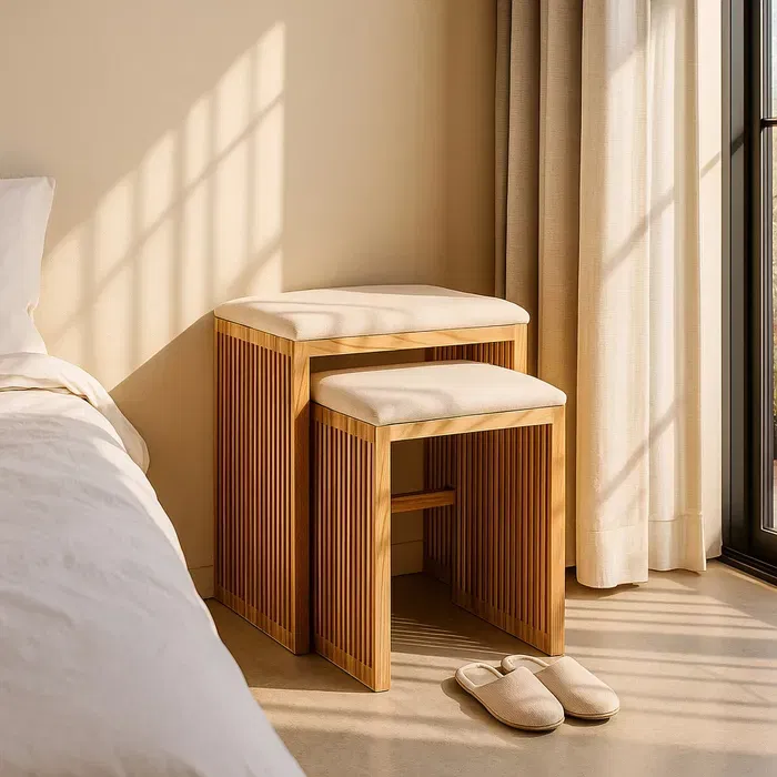 Banchete, Bancute - Băncuțe tec reciclat tapițerie bej japandi CreativDeco