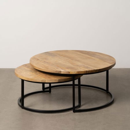 Masute Cafea - Pereche mese cafea rotunde lemn mango metal negru Ixia
