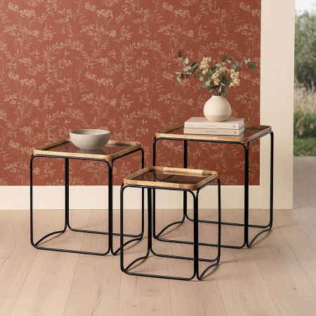 Mese - Măsuțe laterale lemn de cauciuc set 3, metal negru