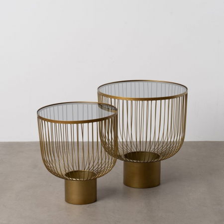 Masute Laterale - Set 2 măsuțe Ixia cu structură aurie, blat sticlă și bază marmură