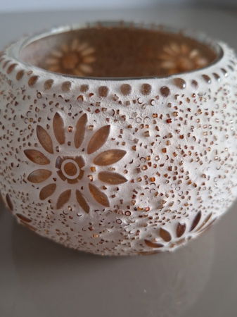 Scaune in Stil Boho - Suport lumanare handmade, sticla rasinata bej Bram 13x9cm