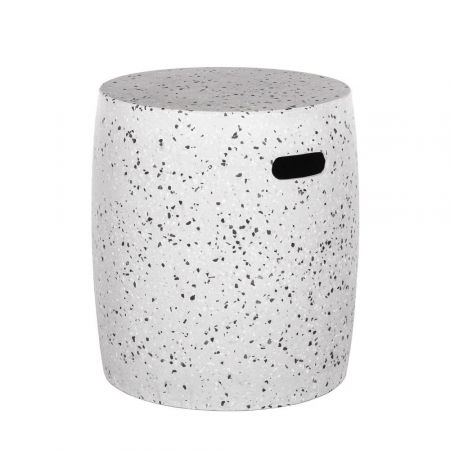 Minimalist - taburet terrazzo alb – cilindric, cu decupaj lateral, stil japandi