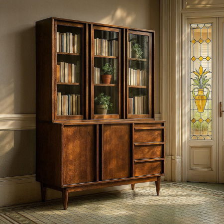 Garrel - Vitrină din lemn de mango maro cu uși din sticlă și uși glisante Garrel – vedere frontală, sertare laterale, picioare conice.