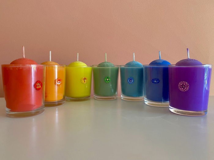 Set lumanari " 7 Chakre "  in pahar de sticla. [3]