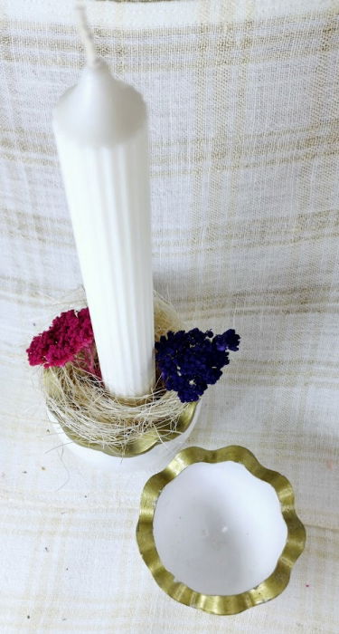 Ou alba/auriu din ceramica handmade + lumanare alba de ceara de soia [8]