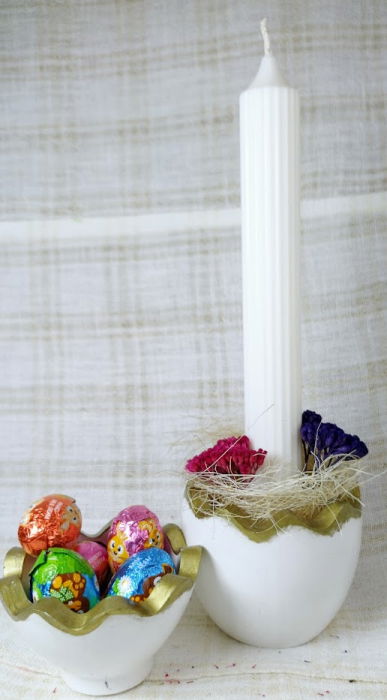 Ou alba/auriu din ceramica handmade + lumanare alba de ceara de soia [1]