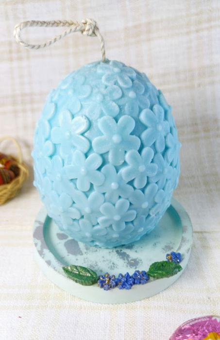 Ou albastre cu flori din ceara de soia + farfurie din ceramica handmade [5]