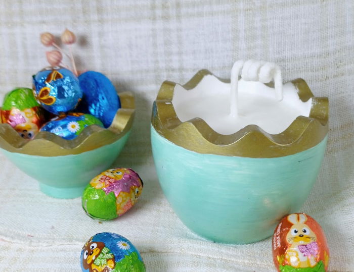 Ou turcoaz/auriu din ceramica handmade + lumanare alba de ceara de soia [1]