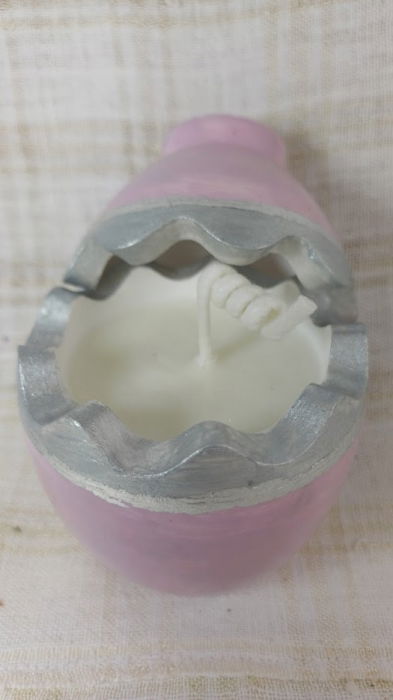 Ou roz/argintiu din ceramica handmade + lumanare alba de ceara de soia [4]