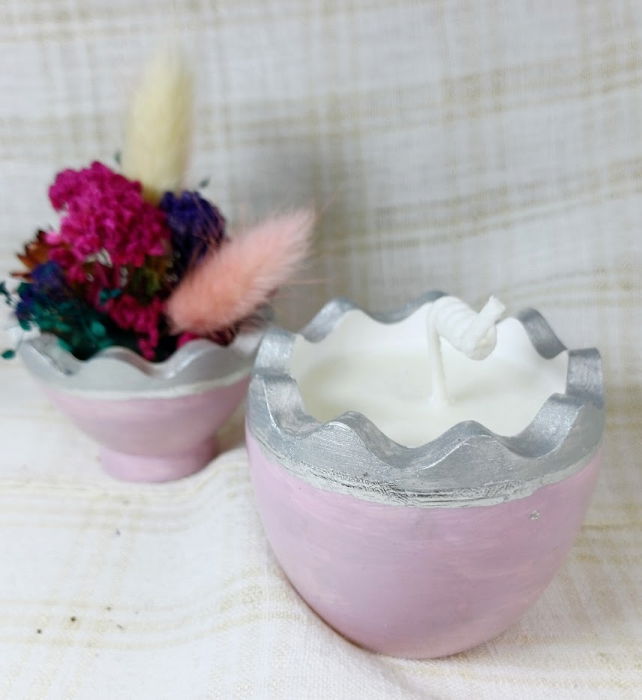Ou roz/argintiu din ceramica handmade + lumanare alba de ceara de soia [8]