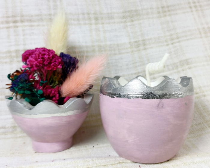 Ou roz/argintiu din ceramica handmade + lumanare alba de ceara de soia [3]