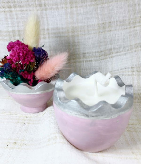 Ou roz/argintiu din ceramica handmade + lumanare alba de ceara de soia [1]