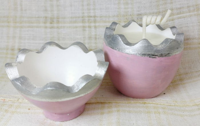 Ou roz/argintiu din ceramica handmade + lumanare alba de ceara de soia [9]