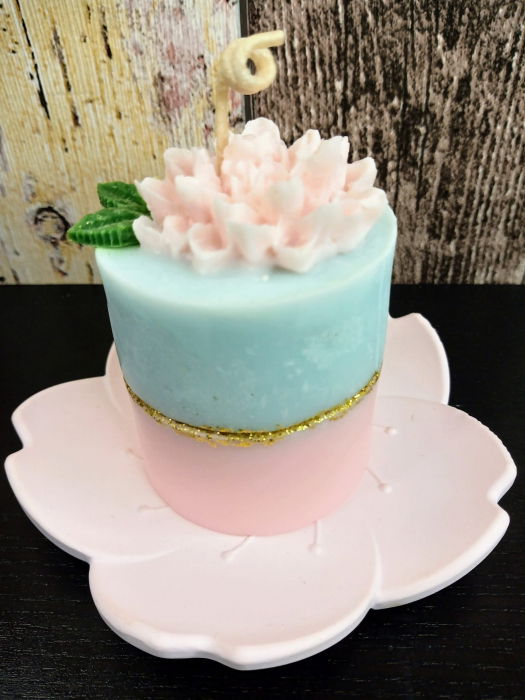 Lumanare parfumata roz - bleu + suport floare din ceramica handmade [5]